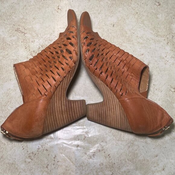 Franco Sarto Womens Tan Leather Peep-Toe Heels Back Zipper Western Boho - Picture 6 of 10